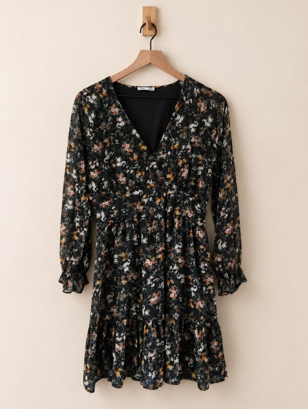Dex Black Floral Chiffon Boho Long Sleeve Mini Dress, Medium, Cottagecore Vibes